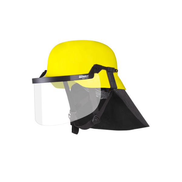 High-quality Fire Helmet Bullard H1000 with neck cover and visor. Leather neck protector to protect against flames, sparks, steam and liquids.
