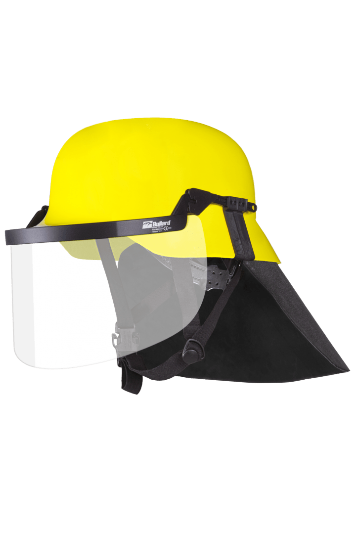 High-quality Fire Helmet Bullard H1000 with neck cover and visor. Leather neck protector to protect against flames, sparks, steam and liquids.