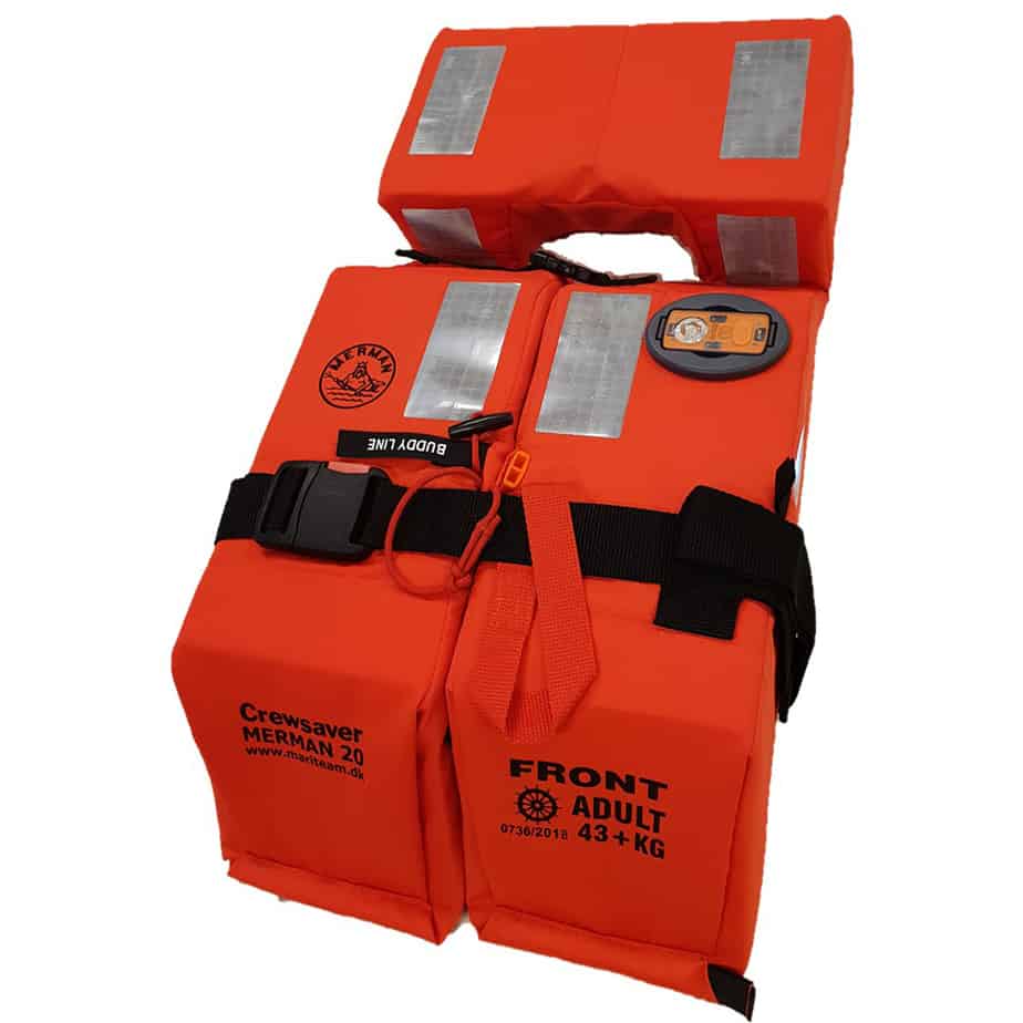Merman 20 Foam life jacket. SOLAS and wheelmark approved for use in both cargo and passenger ships. Available in 3 sizes.