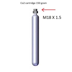 CO2 cartridge illustration labelled 150 grams and M18 x 1.5