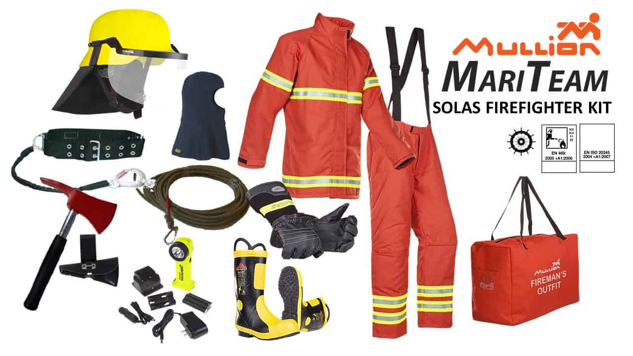 MariTeam Solas Fireman's Outfit includes Fireman Suit with two-layer insulation barrier, Helmet, Hood, Gloves, Boots, LED light and more.