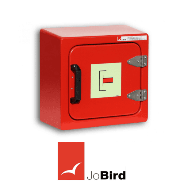 Closed JB04SS marine connection cabinet with shore power symbol and stainless steel hardware