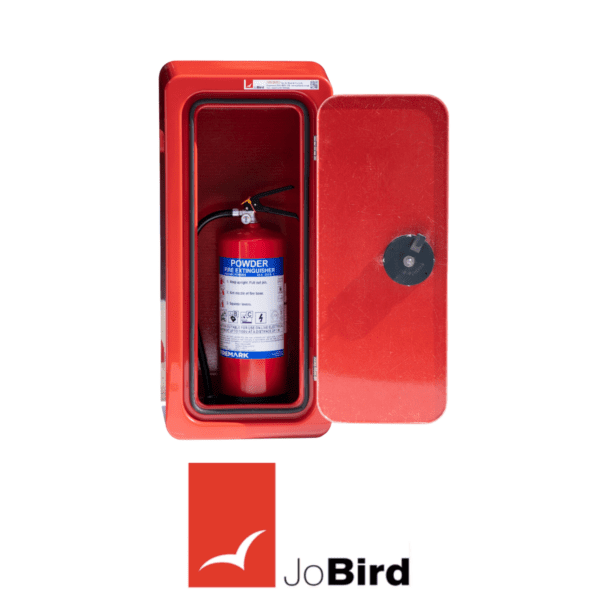 Open JB82 cabinet showing mounted 6kg powder fire extinguisher inside GRP housing