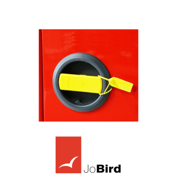 JoBird JB82 fire extinguisher cabinet with yellow safety latch and GRP handle