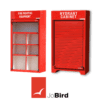 Marine fire equipment locker with open shelf layout next to closed hydrant cabinet