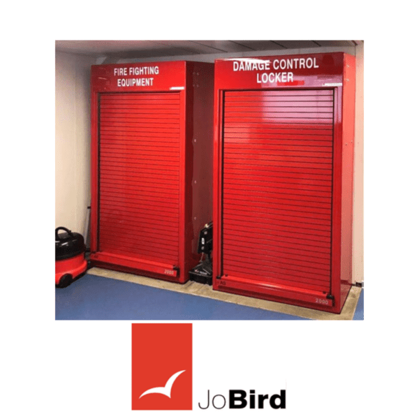 RS450FF fire equipment locker and damage control locker with red roller shutter doors in marine interior