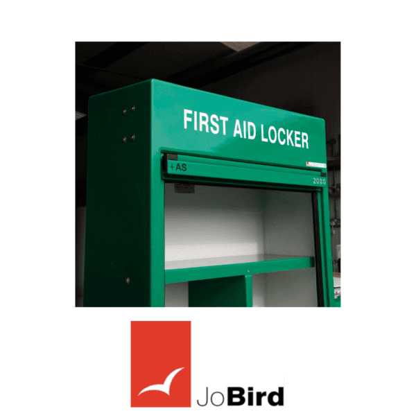 JoBird RS450FF first aid locker cabinet with high-visibility green finish and space-saving shutter door