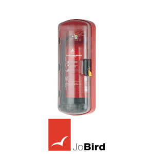 Close-up front view of JoBird SOS101 fire extinguisher cabinet with transparent lid
