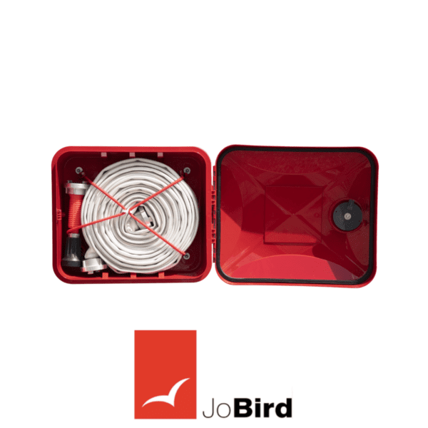 Internal layout of SOS300 fire hose cabinet with coiled hose and nozzle