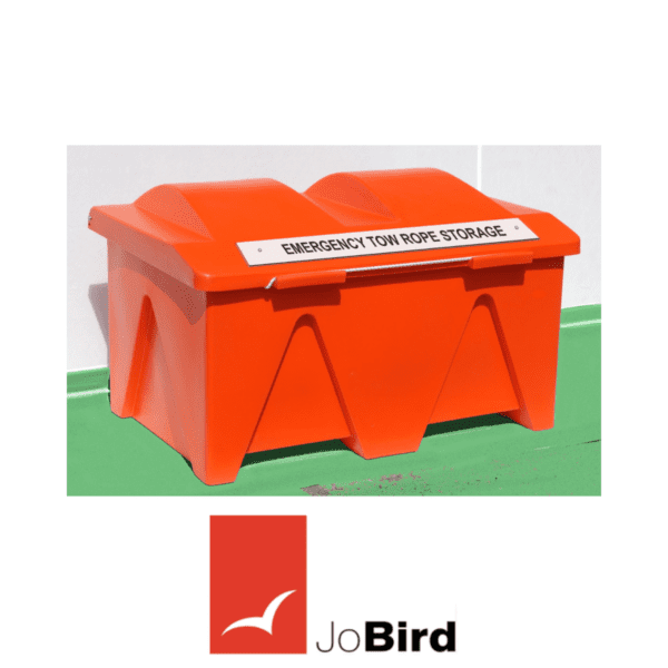 JoBird SOS516 marine life jacket cabinet with emergency tow rope storage sign mounted on deck