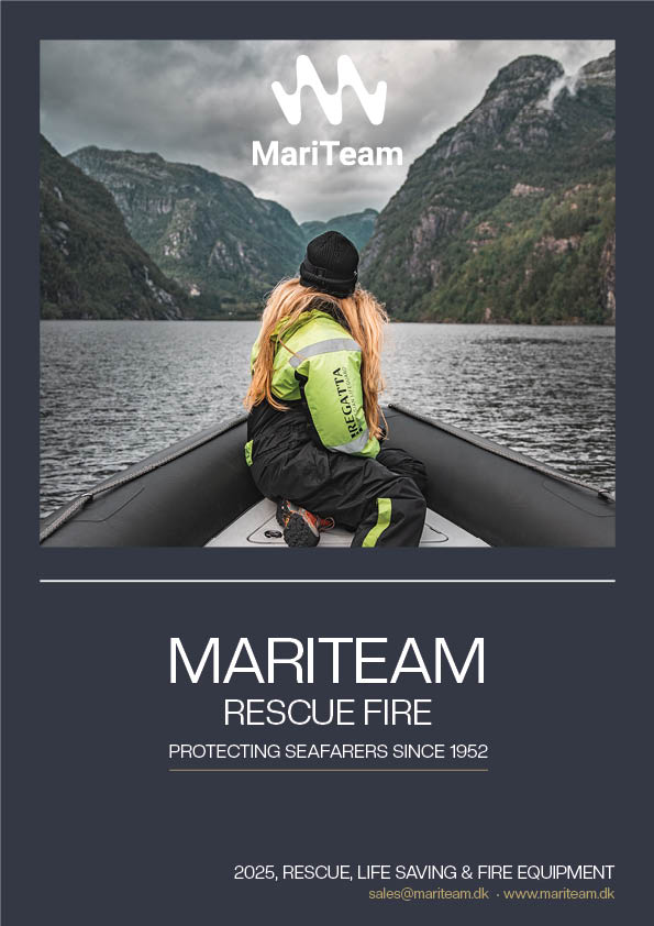 Front cover of the MariTeam 2025 Rescue, Life Saving & Fire Equipment catalogue, featuring a person in a Regatta survival suit sitting at the front of an inflatable boat on a fjord, surrounded by mountains. The MariTeam logo is displayed above, with the tagline 'Protecting Seafarers Since 1952' and contact details at the bottom.