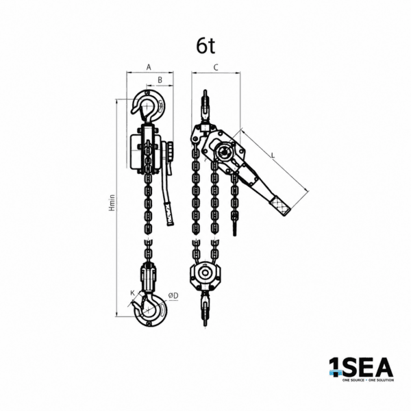 Dimensioned lever hoist drawing labelled 6 tonnes