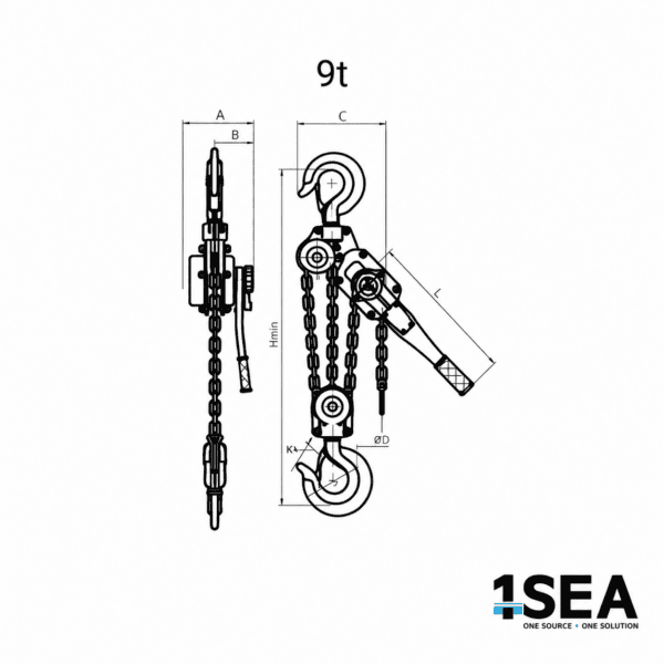 Dimensioned lever hoist drawing labelled 9 tonnes
