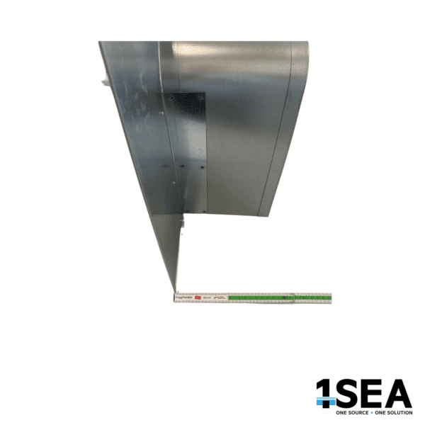 Side view of square metal rat guard with measuring rule