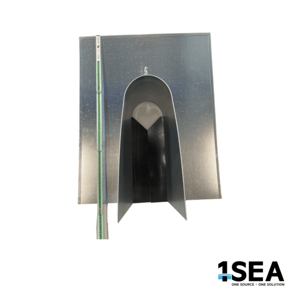Square metal rat guard shown with a vertical measuring rule