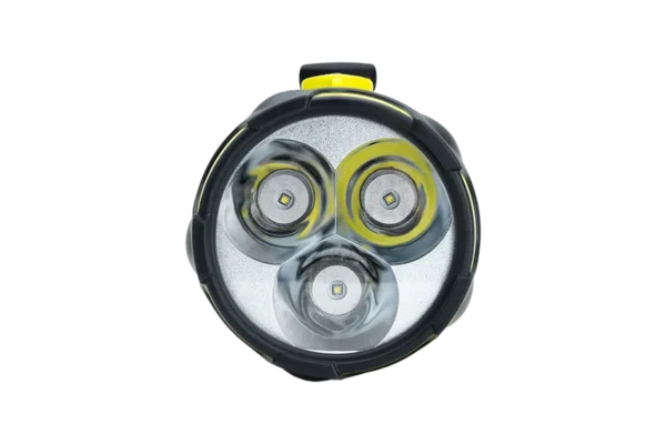 Close-up of three LED lenses in a NightSearcher searchlight