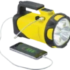 Yellow NightSearcher searchlight connected to a charging device