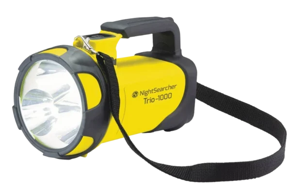 Yellow NightSearcher TRIO 1000 searchlight with shoulder strap