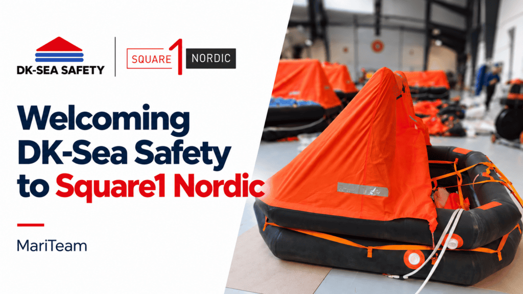 DK-Sea Safety and Square1 Nordic logos beside an orange liferaft in a service workshop.