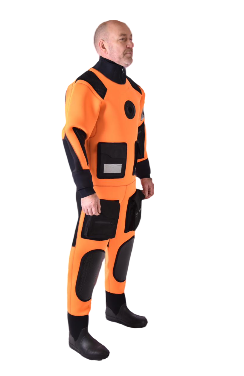 AQUATA SAR orange and black rescue suit with reinforced knees and storage pockets